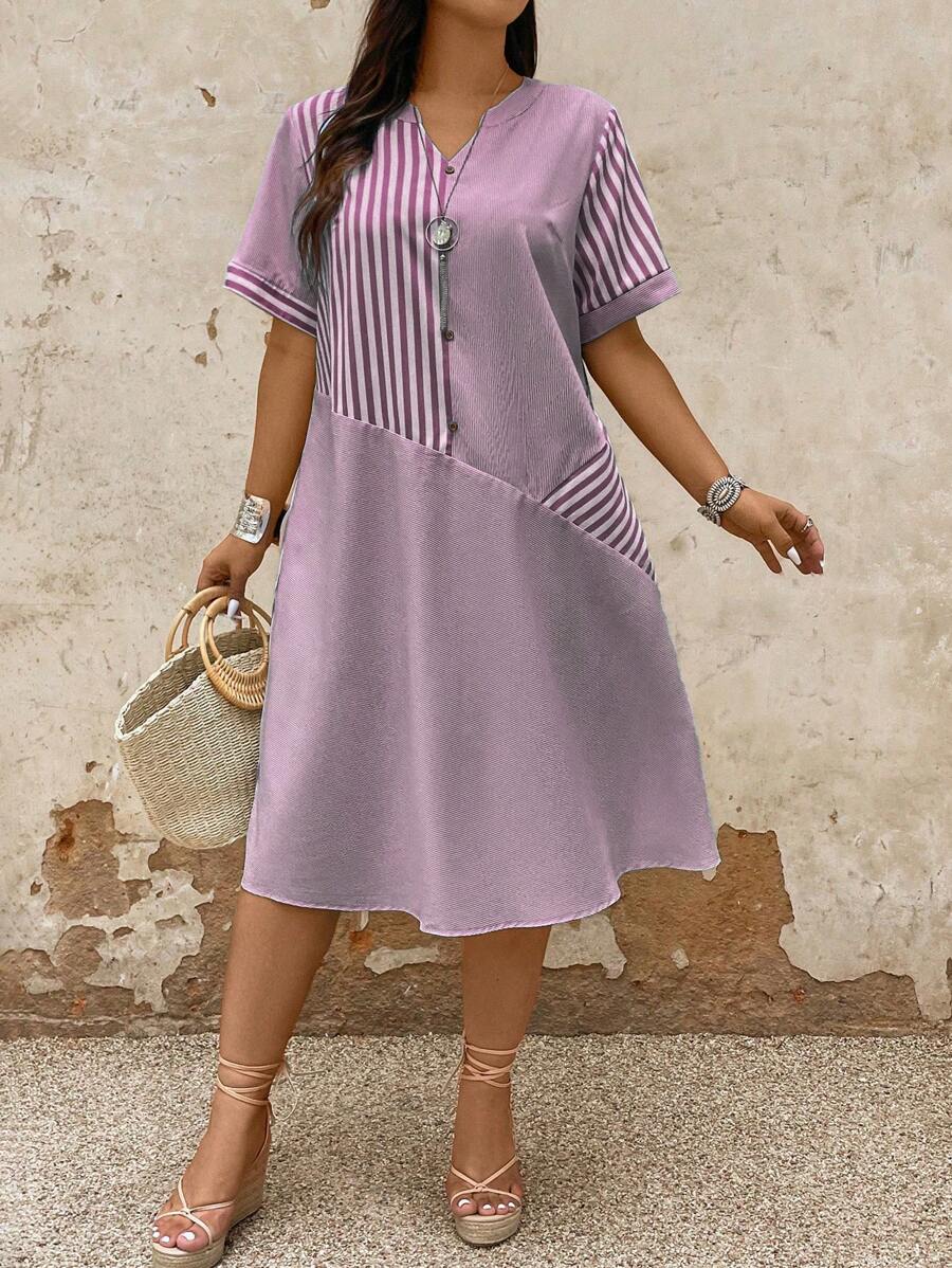 大码女式夏季条纹宽松休闲连衣裙，缺口 V 领和短袖，超长女装