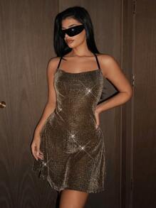 SHEIN ICON Women's Metallic Fabric Spaghetti Strap Bodycon Backless Dress - Black - View 10