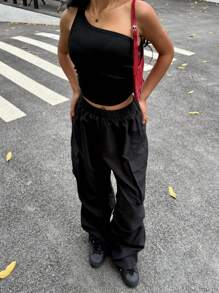 SHEIN Ensemble débardeur sans manches et pantalon ample dans un style sportif et streetwear noir pour ados filles - Noir - Voir 6