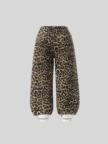 SHEIN Young Girl' Adjustable Waist Vintage Street Style Loose Casual Baggy Leopard Print Jeans - Coffee Brown - View 2