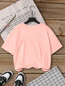 SHEIN Explorewe Camiseta informal de manga corta con cuello redondo y estampado de letra de dibujos animados para niñas preadolescentes - Rosa - Ver 2