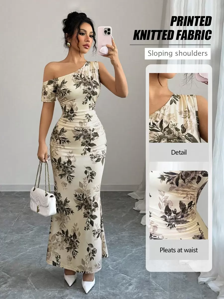 Elenzga New Women's Floral Print Asymmetric Shoulder Ruched Design Fishtail Hem Elegant Sophisticated Party & Date Dress, Flattering & Slimming - Multicolor - View 1