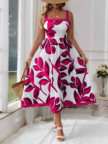 SHEIN Clasi Plus Size Fashionable Resort Style Random Floral Print Maxi Slip Dress, Summer - Hot Pink - View 1