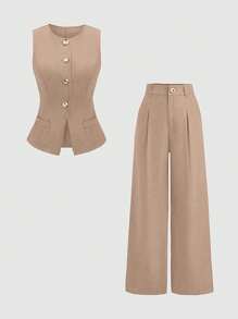 Sweetra 1 Set Black Buttoned Decorated Vest & Pleated Wide Leg Pants Outfit - Camel - View 1