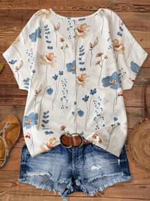 Linhara Plus Size Women Floral Print V-Neck Batwing Sleeve Blouse - Multicolor - View 2