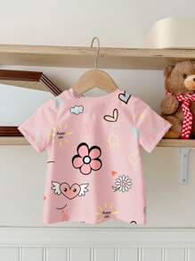 SHEIN 女婴休闲简约短袖圆领上衣，适合夏季 - 白色 - 查看 2