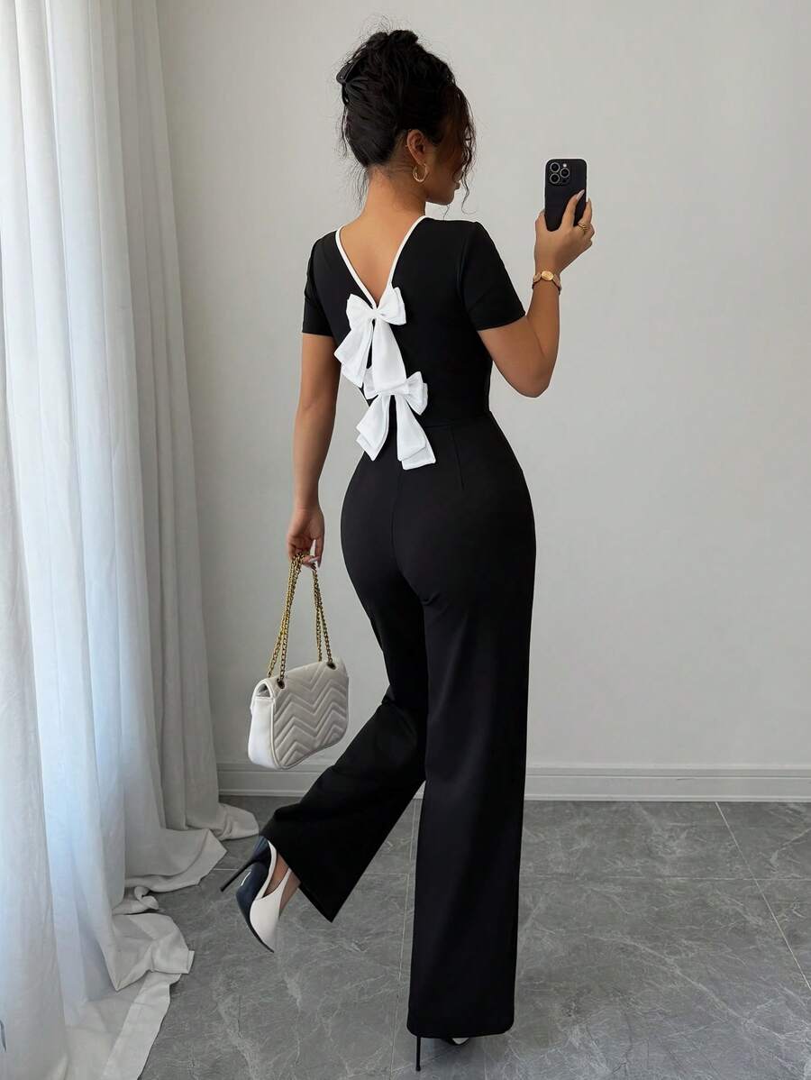 Selianne Elegant French Style Summer Bow Back Decor Contrasting Color Slim Fit Women Keyhole Front Romper - Black and White - View 1