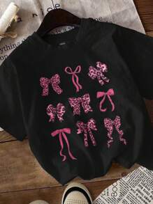 SHEIN 青少年女孩休闲豹纹蝴蝶结装饰短袖 T 恤，适合夏季