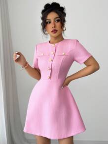 Elenzga Women Elegant Faux Placket Waist Cinched Short Sleeve Mini Dress - Pink - View 6