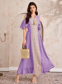 Al Najma Women's Elegant Sequin Embroidery Off Shoulder Arabian Style Dress - Purple - View 2