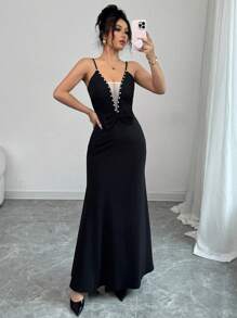 Elenzga Elegantes Damen Kleid mit Mesh Patchwork, künstlichen Perlen und Schleife am Taillenbund - Schwarz - Übersicht 1