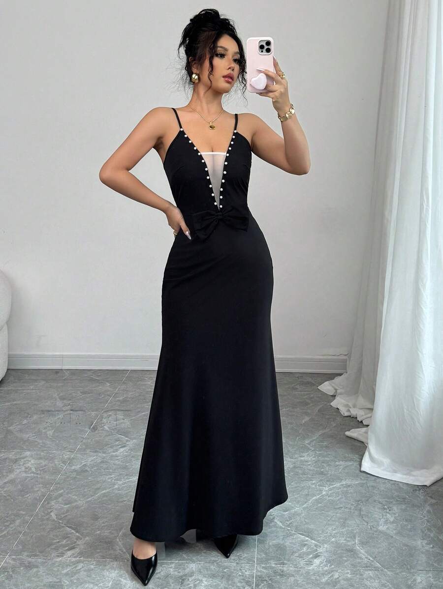 Elenzga Elegantes Damen Kleid mit Mesh Patchwork, künstlichen Perlen und Schleife am Taillenbund - Schwarz - Übersicht 1
