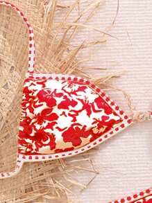 Swim Mod Springbreak Tropical Plant Print And Plaid Orange Micro Triangle Bikini Top - Red - View 3