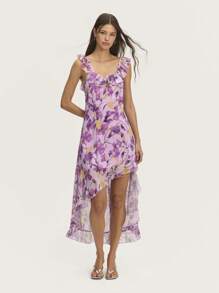 Vestido asimétrico con flores, volantes en el cuello, la espalda y el bajo, y una abertura en la parte posterior. Perfecto para primavera, verano, graduación, Pascua o eventos de boda en suaves colores pastel. - Multicolor - Ver 1