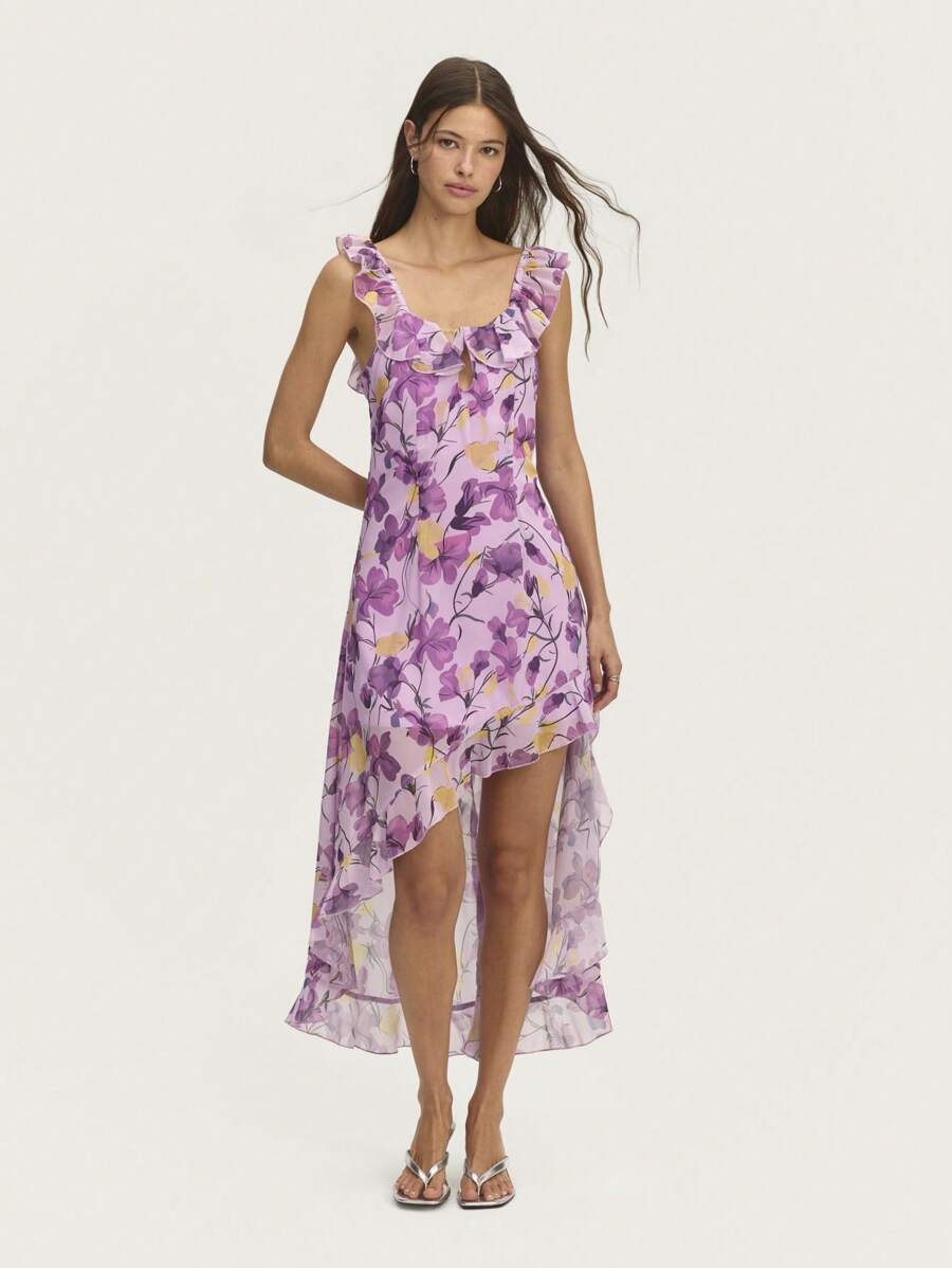 Vestido asimétrico con flores, volantes en el cuello, la espalda y el bajo, y una abertura en la parte posterior. Perfecto para primavera, verano, graduación, Pascua o eventos de boda en suaves colores pastel. - Multicolor - Ver 1