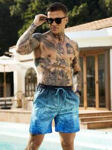 Surfspeed 男士休闲沙滩短裤，简约日常穿着，夏威夷风 - 藍色 - 查看 4