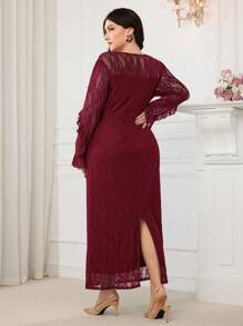 Modelyn Plus Size Solid Color Long Sleeve Lace Simple Fashion Dress, Suitable For Summer - Burgundy - View 2