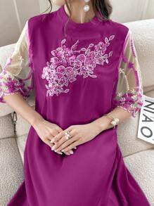 Al Najma 女士立领闪亮花卉网眼短袖优雅长袍连衣裙、短袖 Jalabiya 连衣裙、宽松长裙、优雅晚会长裙 - 中紫紅色 - 查看 7