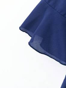 SHEIN LUNE 女士加大码纯色亚麻圆领荷叶边下摆直腿短裤休闲 2 件套 - 藍色 - 查看 3