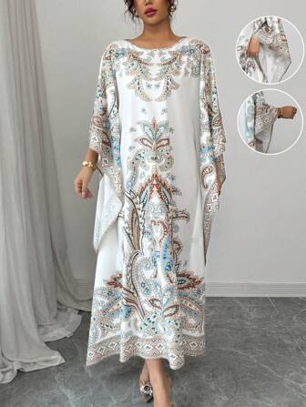 Rafferiza 优雅宽松数码印花长袍，圆领，3/4 袖，女士春夏