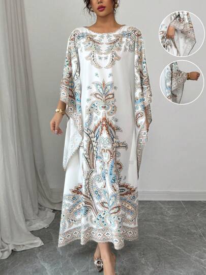 Rafferiza 优雅宽松数码印花长袍，圆领，3/4 袖，女士春夏