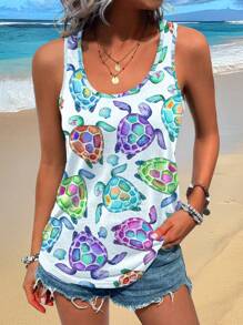 INAWLY Women's Turtle Print Round Neck Casual Loose Tank Top - Multicolor - View 3