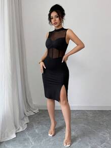 Elenzga New Women's V-Neck Mesh Patchwork Knit Fabric Tank Dress With High Slit, Sexy & Elegant For Vacation, Party, Date - Black - View 7