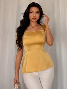 Elenzga Damska satynowa bluzka w jednolitym kolorze z kwadratowym kołnierzykiem i bufiastymi rękawami