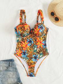 Swim DD+ DD+ 女士夏季海滩动物与花卉印花带衬垫露背肩带连体泳衣 - 彩色 - 查看 8