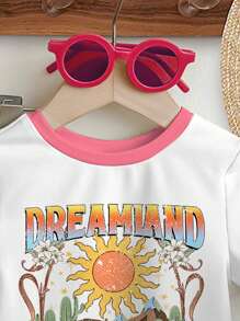 SHEIN Baby Girl Casual Dreamland Stay Wild Beach, Sun & Text Graphic Print Short Sleeve Tee & Pants Set, Suitable For Spring/Summer - Multicolor - View 4