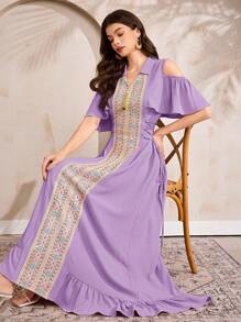 Al Najma Women's Elegant Sequin Embroidery Off Shoulder Arabian Style Dress - Purple - View 1