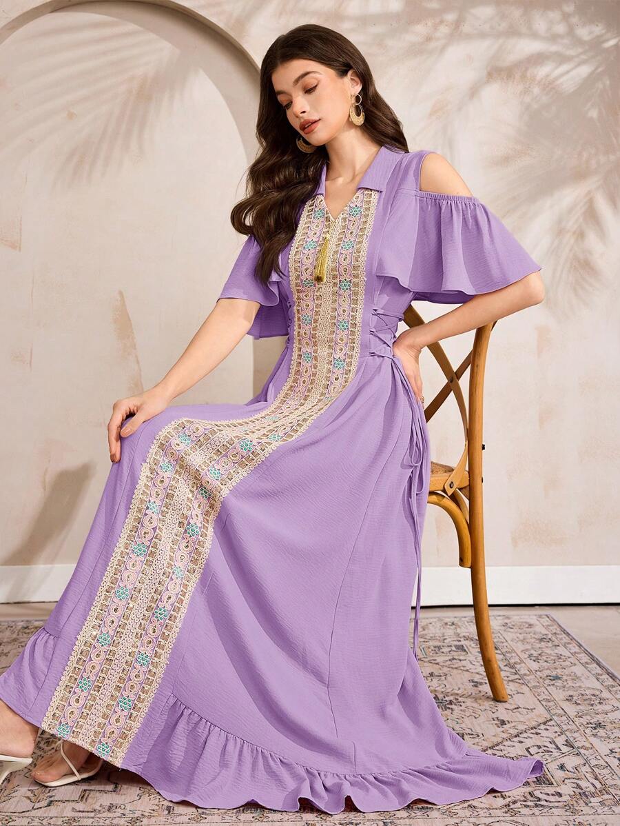 Al Najma Women's Elegant Sequin Embroidery Off Shoulder Arabian Style Dress - Purple - View 1