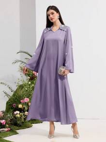 Al Najma 女式水钻装饰长袖纯色连衣裙，夏季时尚，端庄 - 淺灰紫 - 查看 7