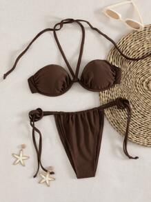 Swim Vcay Set de 2 piezas de bikini con top de cuello de halter con relleno suave y extraíble, con marco de acero sólido de color marrón, simple y sexy para vacaciones - Marrón - Ver 1