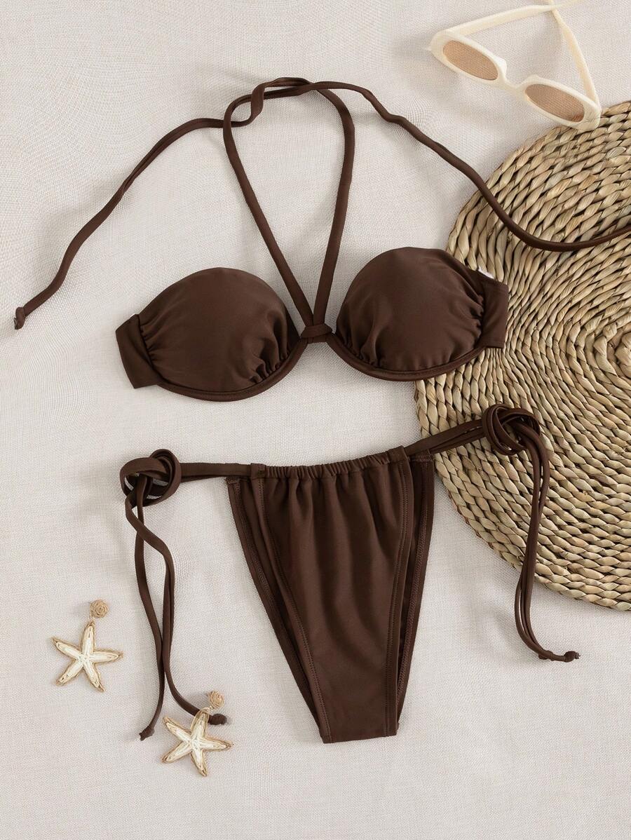 Swim Vcay Set de 2 piezas de bikini con top de cuello de halter con relleno suave y extraíble, con marco de acero sólido de color marrón, simple y sexy para vacaciones - Marrón - Ver 1