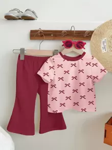 SHEIN Leap Crew 女宝宝休闲简约短袖圆领裤套装，适合春夏季 - 白色 - 查看 2