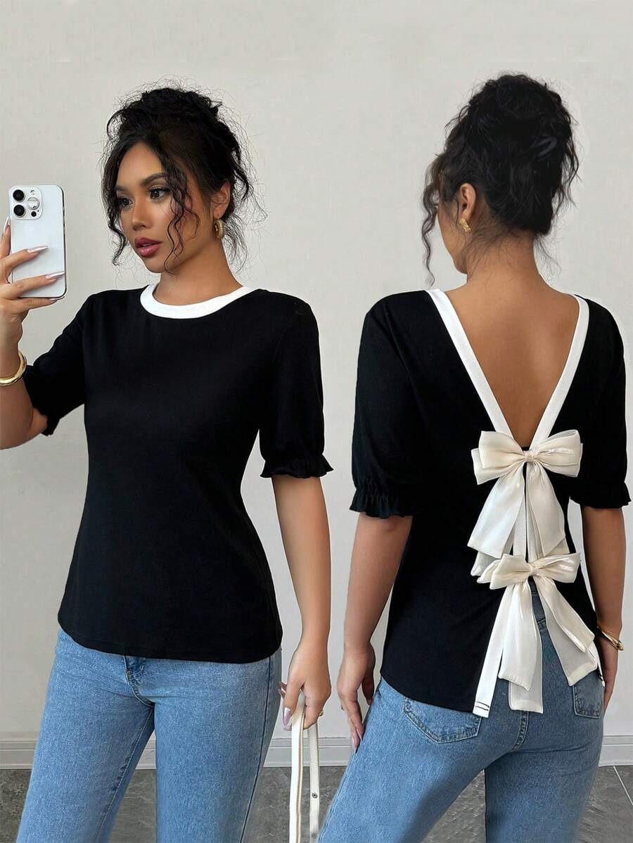 SHEIN Unity Elegant Casual Ruffle Short Sleeve Bow T-Shirt For Women ...