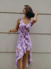 Vestido asimétrico con flores, volantes en el cuello, la espalda y el bajo, y una abertura en la parte posterior. Perfecto para primavera, verano, graduación, Pascua o eventos de boda en suaves colores pastel. - Multicolor - Ver 6