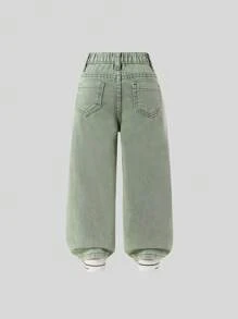 SHEIN Young Girl' Retro Street Style Distressed Ripped Multiple Pockets Washed Light Blue Straight-Leg Denim Cargo Pants - Green - View 2