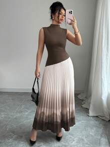 Elenzga Women's Elegant Party Cocktail Dress With Pleated Floral Print, Suitable For Carnival, Easter, Chinese New Year, Red, Pleated, Pink Color Block Asymmetrical Splice Design, Sleeveless Stand Collar Tie Dye Dress, Summer - Coffee Brown - View 6