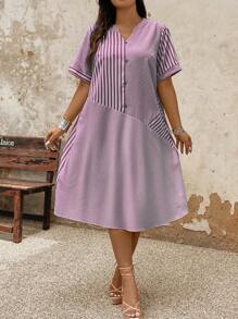 大码女式夏季条纹宽松休闲连衣裙，缺口 V 领和短袖，超长女装