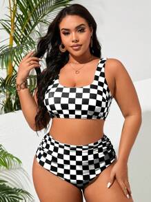 Swim Vcay Bộ đồ bơi Tankini kẻ caro đen trắng cỡ lớn cho nữ - Đen và trắng - Xem 3