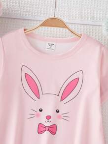 Young Girl Cute Rabbit Expression Graphic Short Sleeve Long Nightgown, Comfy Sleepwear & Matching Family Set - Pink - View 5