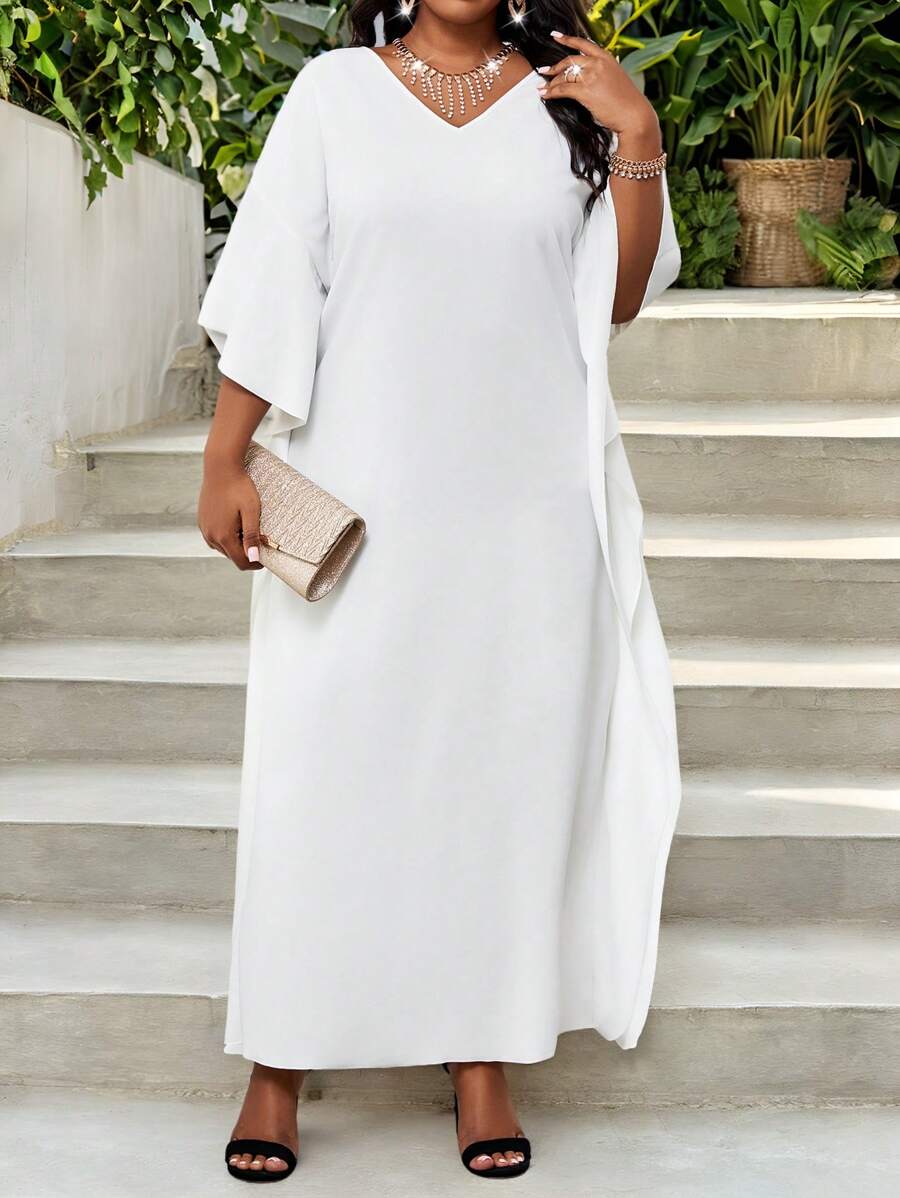SHEIN Lady Spring And Summer Casual Elegant Boho Casual Outing Office White Knitted V Neck Flounce Flounce Sleeve Split Tunic Dress Kaftan Dress Long Short Sleeve Plus Size Dresses Elegant Women Dresses Classy Outfits Spring Outfits For Women Summer Dress Vacation Beach Vacation Outfits Spring Clothes Summer Clothes Beach Outfits For Woman Dresses For Women Elegant Modest Dress Abaya Dress Bohemian Boho Women Clothing White Dresses Beach Vacation Dresses For Women Elegant