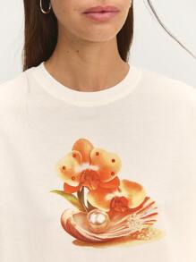 Nöista Straight-Fit Short Sleeve T-Shirt With A Shell Print, Pearls, And Rhinestones. Perfect For Spring-Summer, Beach , Or Easter Celebrations. - Beige - View 3