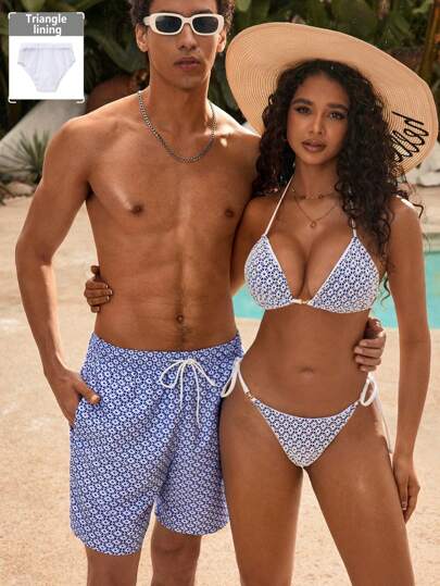 Manfinity VDAYZ Men's Beach Shorts Drawstring Waist Front Tie Pocket Allover Print Resort Casual Hawaiian