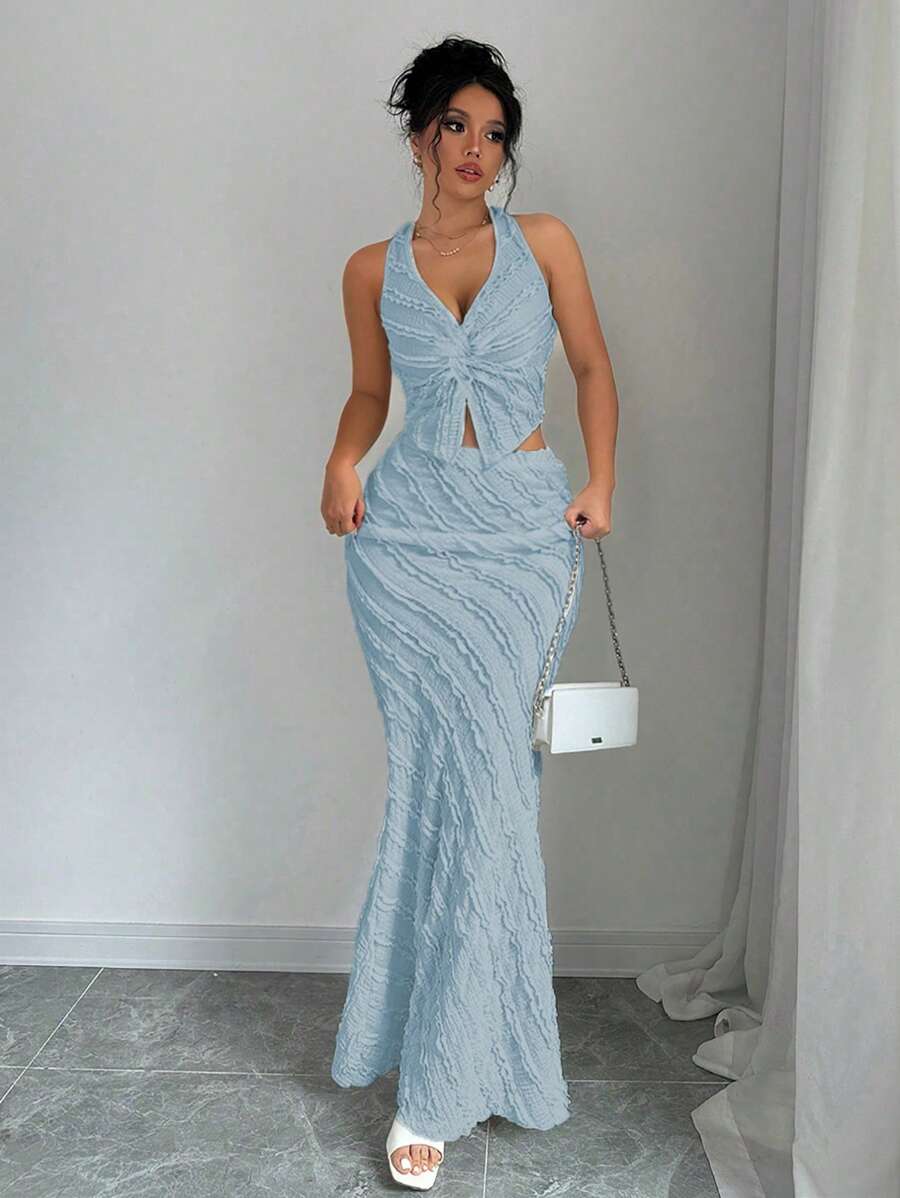 Rafferiza 2pcs/Set Women's Sleeveless V-Neck Twist Front Halter Cut-Out Back Fish Tail Dress - Baby Blue - View 1