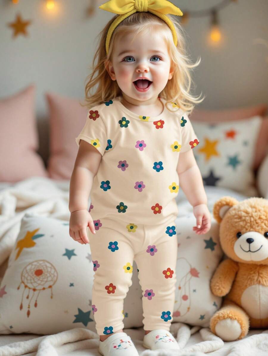 SHEIN Baby Girl Casual Minimalist Snug Fit Round Neck Short Sleeve & Long Pants Pajama Set, Suitable For Summer - White - View 1