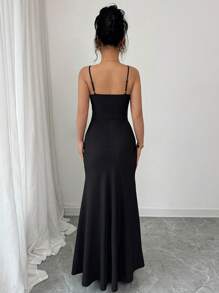 Elenzga Elegantes Damen Kleid mit Mesh Patchwork, künstlichen Perlen und Schleife am Taillenbund - Schwarz - Übersicht 2