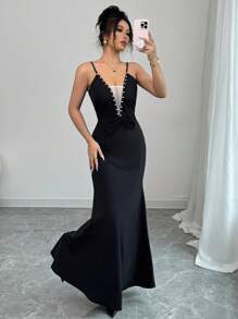 Elenzga Elegantes Damen Kleid mit Mesh Patchwork, künstlichen Perlen und Schleife am Taillenbund - Schwarz - Übersicht 3